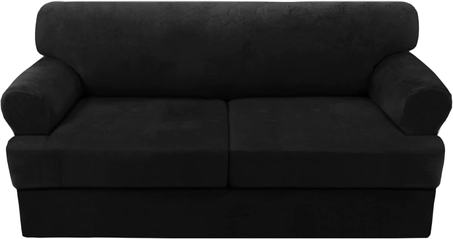 H.VERSAILTEX Sofa Cover 3 Piece T Cushion Sofa Slipcovers Thick Velvet Couch Cover Furniture Protector Stretch T Cushion Sofa Covers for 2 Cushion Couch with 2 Individual T Cushion Covers, Black