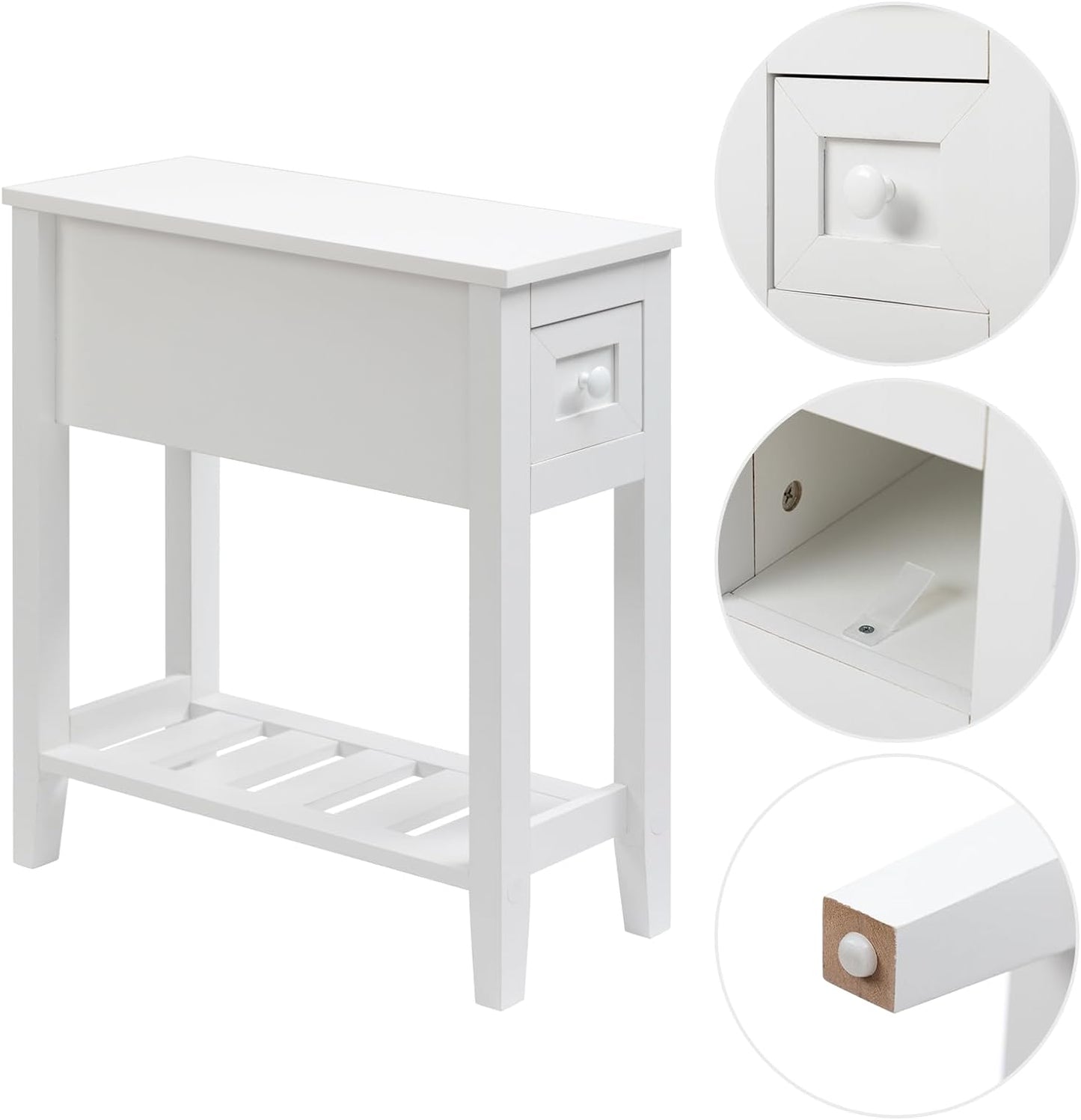 Narrow Side Table for Small Spaces, White Side Table with Drawer, Slim Bed Side Table/Night Stand Set of 2, Couch Side Table