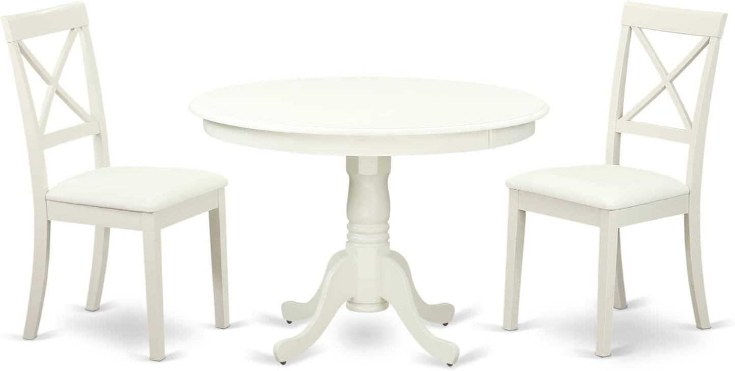 East West Furniture HLBO3-LWH-LC 3 Piece Dining Set Contains a Round Dining Table with Pedestal and 2 Faux Leather Kitchen Room Chairs, 42x42 Inch, Linen White