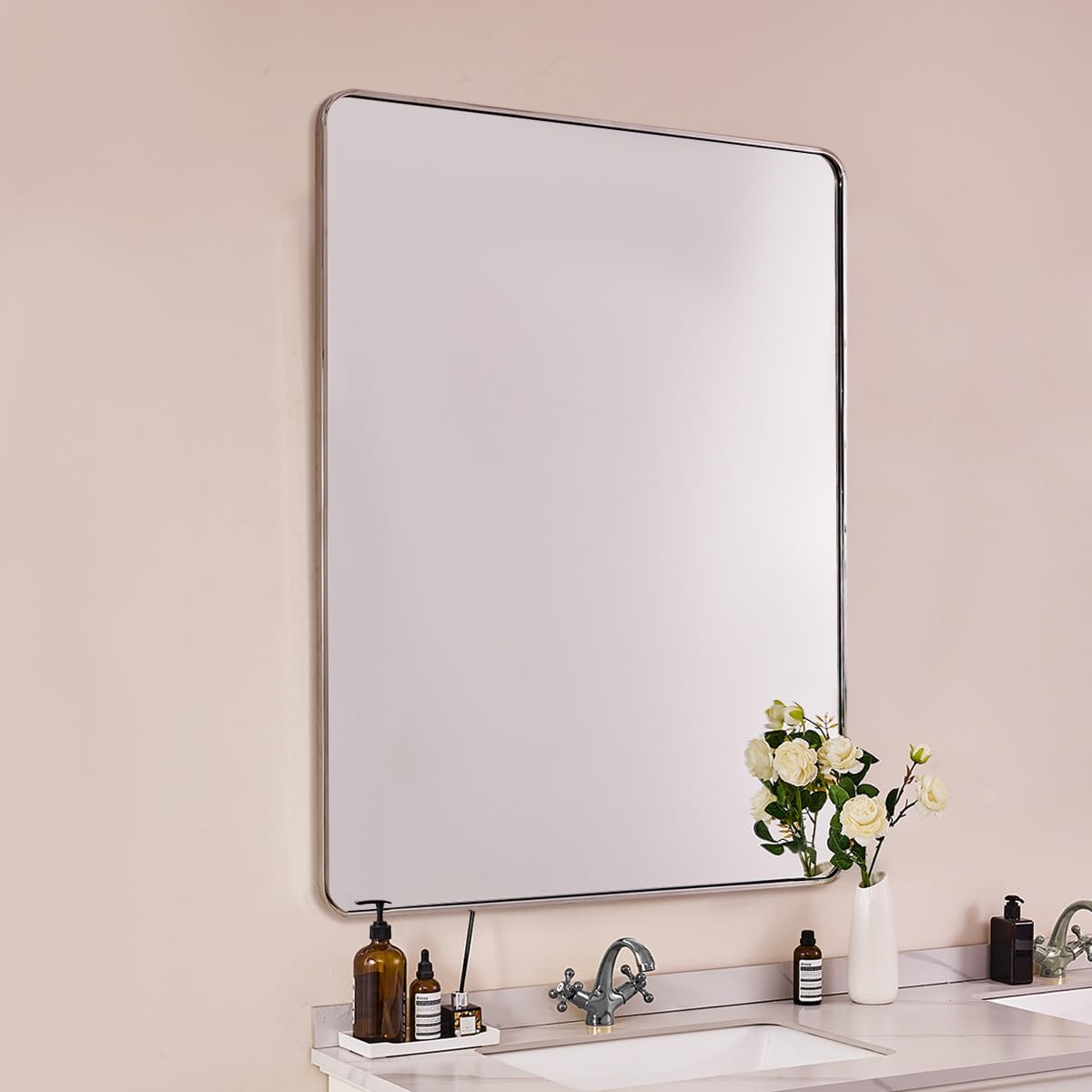 ANDY STAR 48x32 Inch Chrome Bathroom Mirror, Chrome Bathroom Vanity Mirror, Rounded Rectangle Mirror, Anti-Rust SUS304, Seamless Tube Metal Frame, 1’’ Deep Wall Mounted Vertically/Horizontal