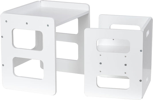 Montessori Weaning Table and Chair Set, Wooden Toddler Table and Chair Set, Adjustable Height Chair Step Stool,1-3 Year Old Kids Montessori Furniture-White