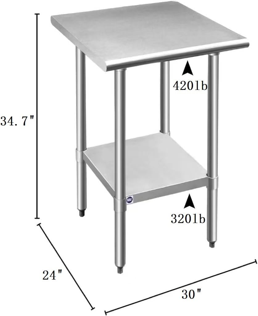 ROCKPOINT Stainless Steel Table for Prep & Work 24x30 Inches, NSF Metal Commercial Kitchen Heavy Duty Table with Adjustable Under Shelf and Table Foot for Restaurant, Home and Hotel
