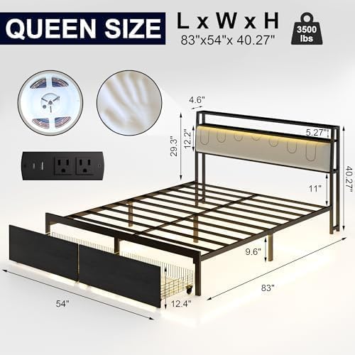 Queen Bed Frame with Storage Headboard, Metal Platform Bed Frame with LED Lights & Charging Station, Storage Drawers, Heavy Duty Metal Slats, No Box Spring Needed, Noise Free, Easy Assembly