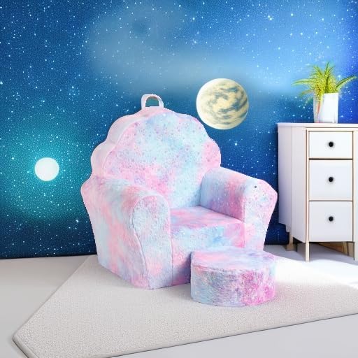 Kids Sofa with Ottoman, Shell-Like Sofa for Boys and Girls, Pink Tie Dye