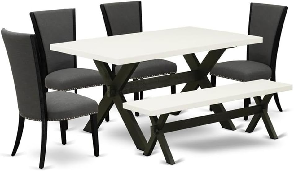 East West Furniture X626VE650-6 6 Piece Dining Set Contains a Rectangle Dining Room Table with X-Legs and 4 Dark Gotham Linen Fabric Parson Chairs with a Bench, 36x60 Inch, Multi-Color