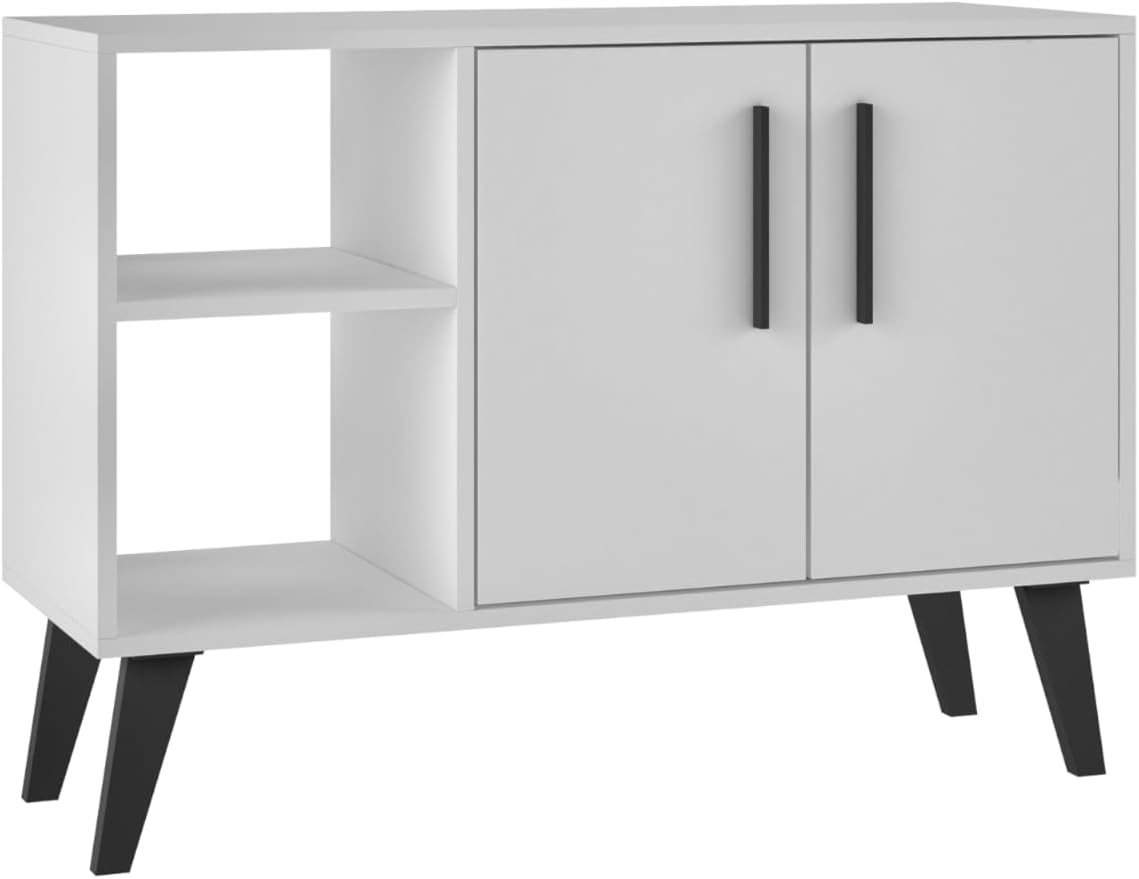 Manhattan Comfort Amsterdam Mid Century Modern Sideboard with 2 Open Cubby Spaces & 2 Concealed Shelves, Versatile and Functional Buffet Cabinet, Media Console for 32'' TV, Matte White
