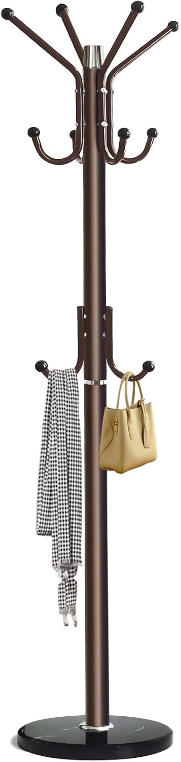 Kertnic Modern Coat Rack Freestanding with Natural Marble Base & Sturdy Metal Frame, 11 Hooks Hall Tree for Jackets, Hats, Bags, Entryway Organizer for Bedroom, Living Room, Closet (Bronze)