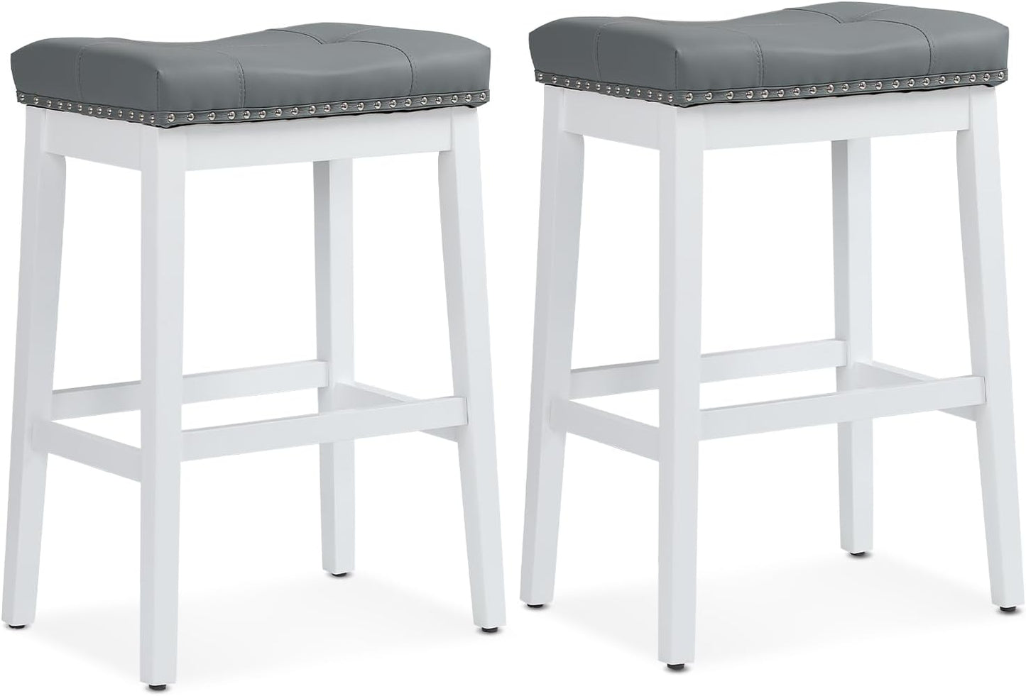 Athena Collection Counter Height Bar Stools Set of 2, 29.5 Inches Backless Saddle Bar Stools with Leather Upholstered and Nailhead Trim, Barstools for Counter, Kitchen Island, Dining Room, Grey