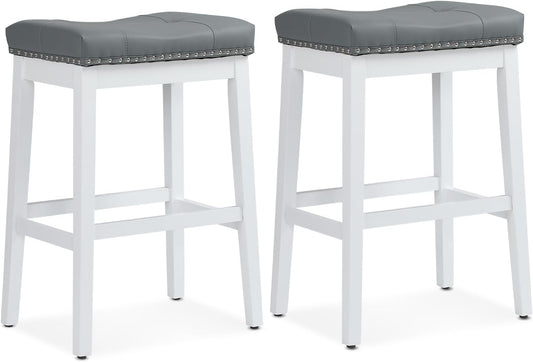 Athena Collection Counter Height Bar Stools Set of 2, 29.5 Inches Backless Saddle Bar Stools with Leather Upholstered and Nailhead Trim, Barstools for Counter, Kitchen Island, Dining Room, Grey