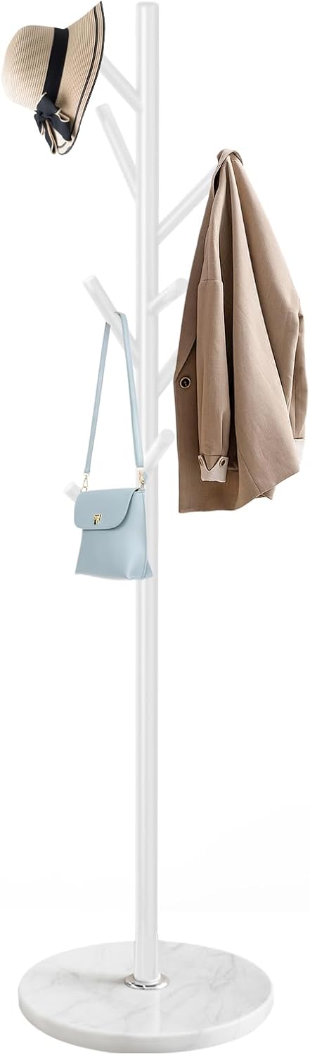 EZIVIEZ Modern Coat Rack Stand, Metal Freestanding Coat Rack with Natural Marble Base, White Coat Racks with 8 Hooks and Coat Hanger Tree Jacket Stand for Office, Entryway, Hallway