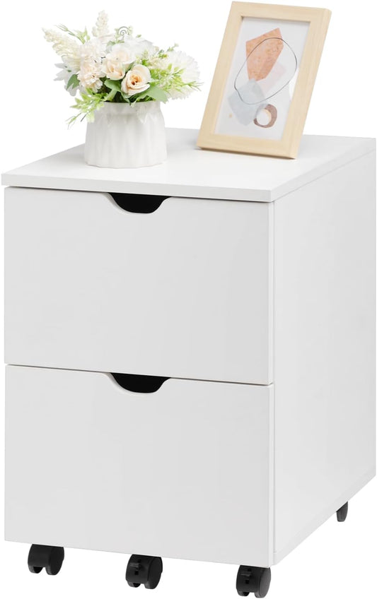 HollyHOME Under Desk Cabinet, Deep 2-Drawer Mobile Wood Cabinet, Storage Drawer for Home, Rolling Shelf for Office, Rolling Printer Stand, for A4, Modern, White