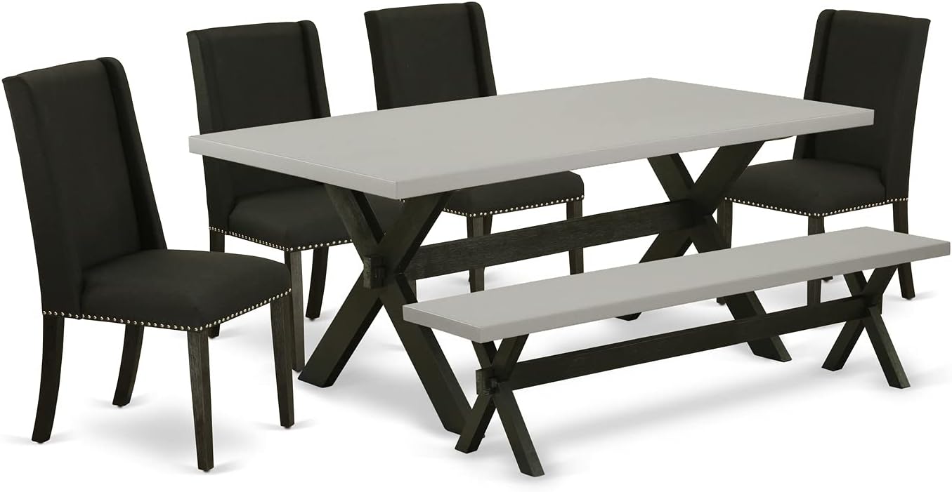 East West Furniture X697FL624-6 6 Piece Dinette Set Contains a Rectangle Dining Table with X-Legs and 4 Black Linen Fabric Parson Chairs with a Bench, 40x72 Inch, Multi-Color