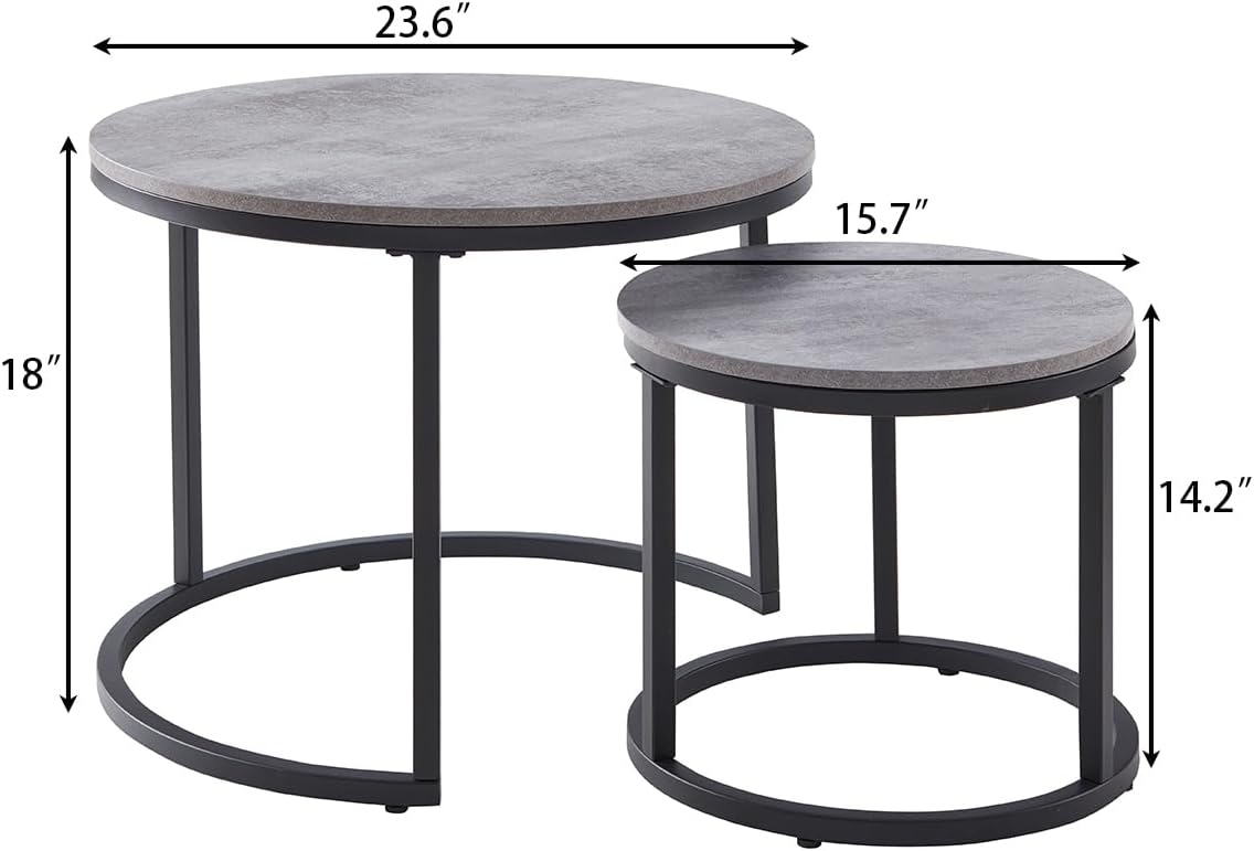 CENSI 24" Round Nesting Table, Accent Coffee Table, Grey Faux Concrete Wood Finish, Space-Saving, Modern Industrial Style