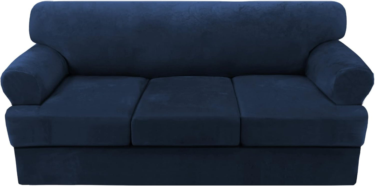 H.VERSAILTEX Sofa Slipcovers - Thick Velvet Couch Covers for 3 Cushion Couch with 3 Individual T Cushion Covers, Navy