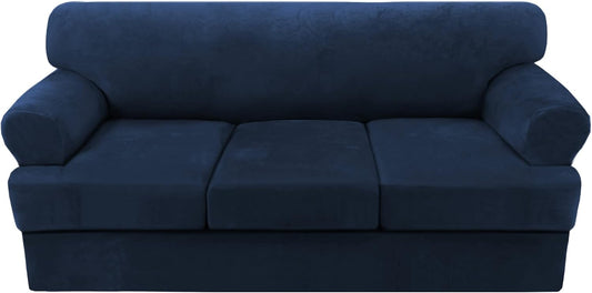H.VERSAILTEX Sofa Slipcovers - Thick Velvet Couch Covers for 3 Cushion Couch with 3 Individual T Cushion Covers, Navy