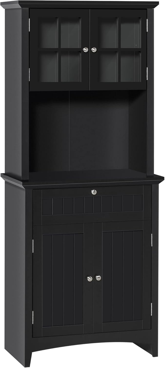 HOMCOM Elegant Buffet with Hutch, Kitchen Pantry Storage Cabinet with Framed Glass Door Drawer and Microwave Space, Black