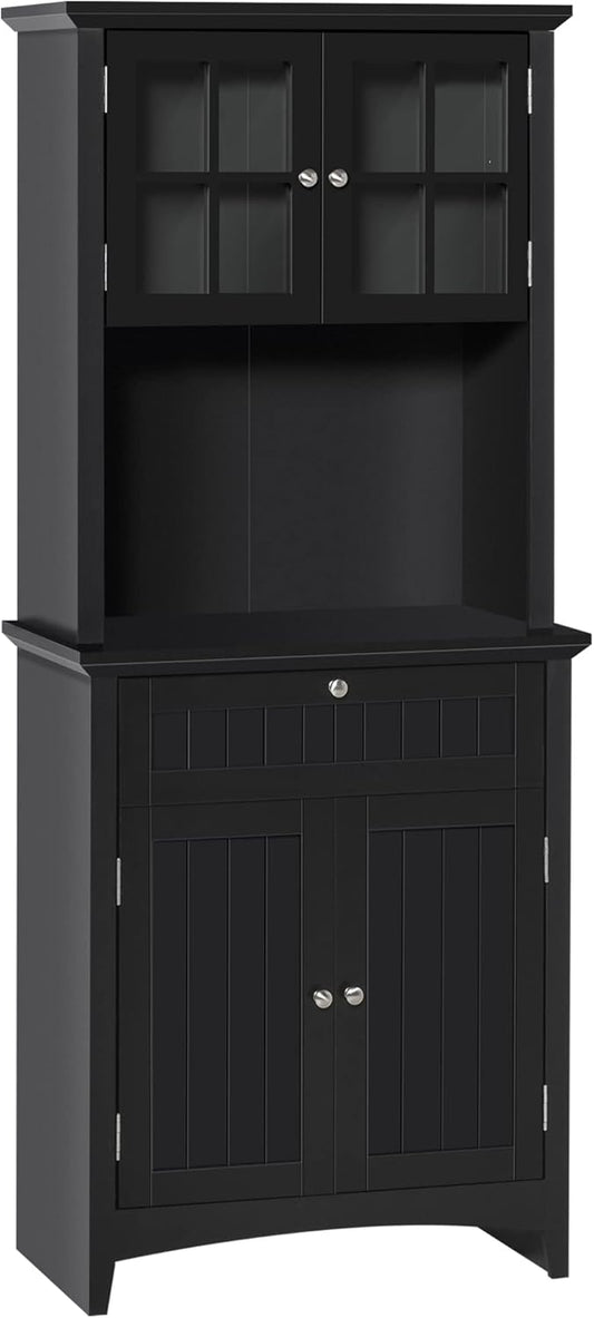 HOMCOM Elegant Buffet with Hutch, Kitchen Pantry Storage Cabinet with Framed Glass Door Drawer and Microwave Space, Black