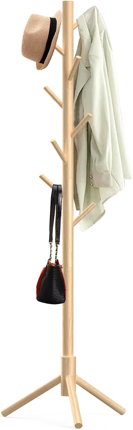 Wooden Coat Rack Stand, Freestanding Coat Rack with 8 Hooks, 3 Adjustable Size Coat Tree for Hats, Coats, Scarves bags, Coat Hanger Stand Used in Bedroom/Office/Entryway (Natural)