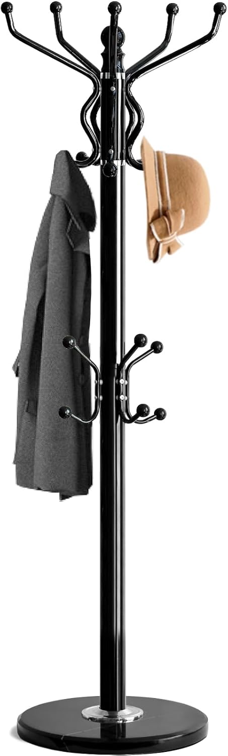 Kertnic Freestanding Coat Rack with 18 Hooks & Marble Base - Heavy Duty Metal Hall Tree Stand for Entryway, Hats, Coats, Bags Rack- Modern Hanger Organizer for Home, Office, Dorm (18 hooks -Black)