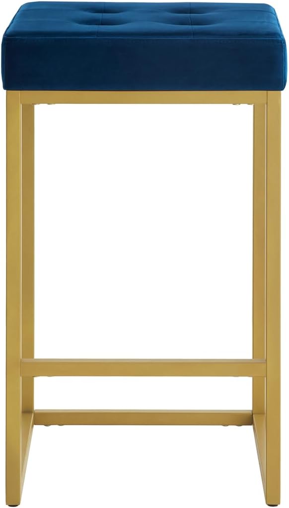 24KF Contemporary Counter Height Bar Stool Set of 2 for Kitchen Island, 26" H Velvet Padded Gold Barstool Bar Chair,5066-Navy