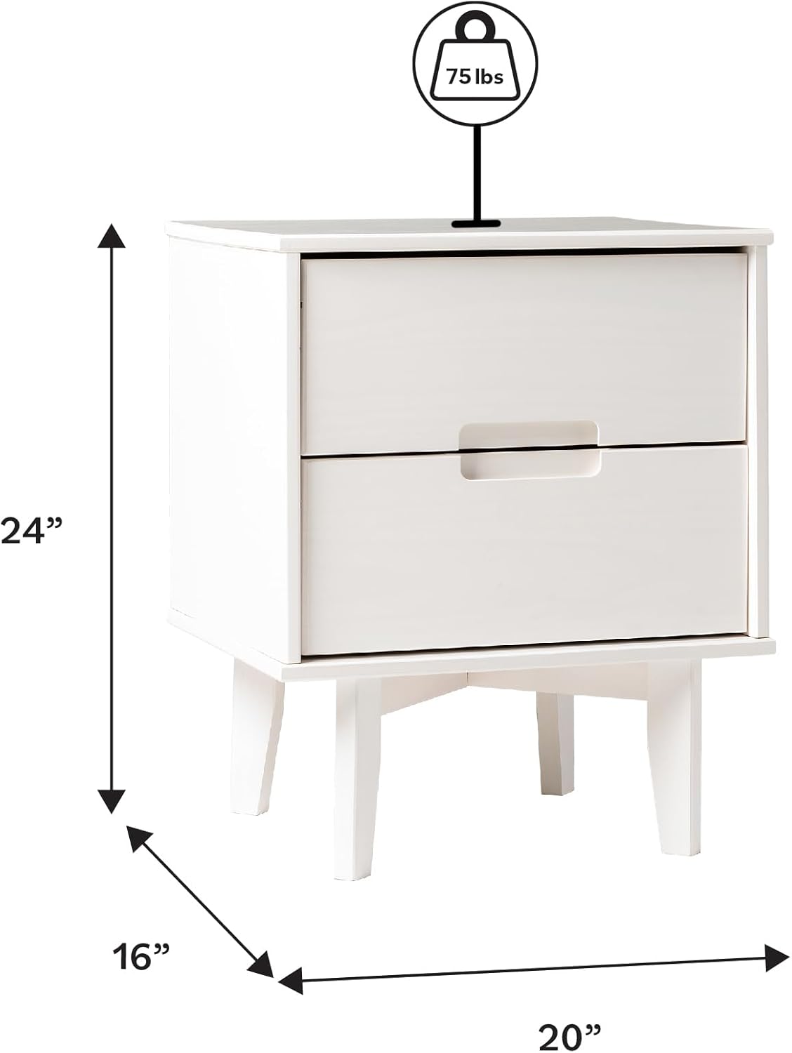 Walker Edison Furniture AZR2DSLNSWH Solid Wood 2-Drawer Groove Handle End Side Table Nightstand with Storage, 24" H, White