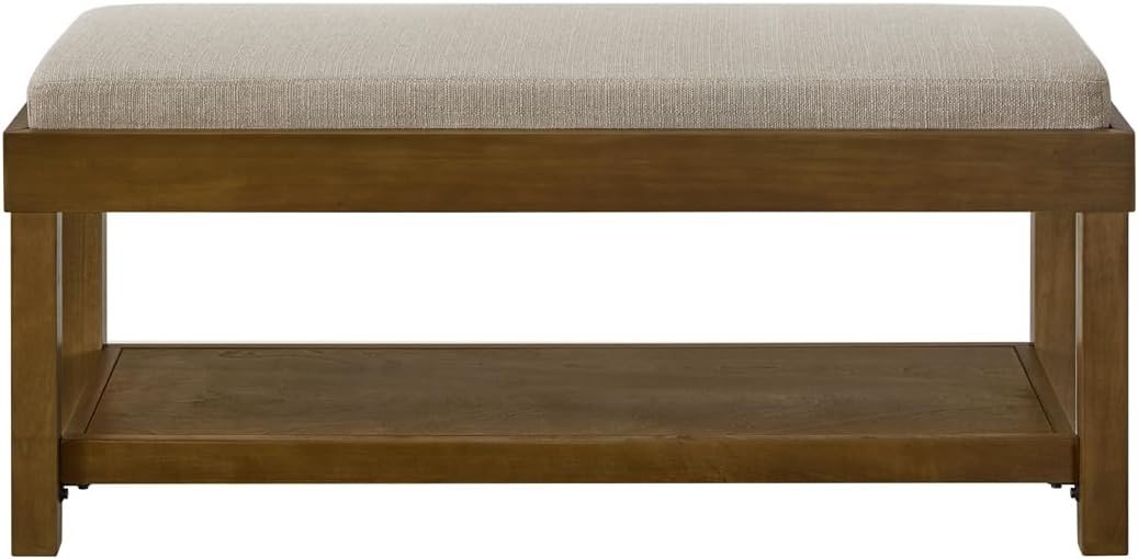 24KF Large Rectangular Storage Bench,Upholstered Seat Cushion,Ottoman Coffee Table with Linen Removable Cushion for Living Room,Entryway Bench Bed Bench with Solid Wood Shelf,5069-Linen