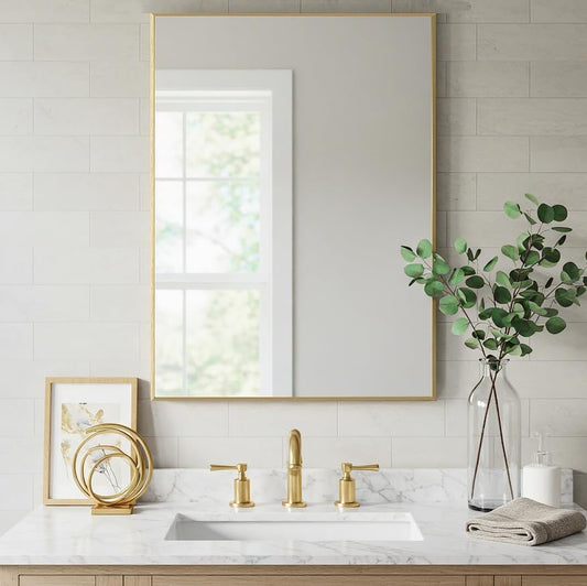 24x32 Inch Gold Bathroom Mirror - Copper-Free Mirror, Aluminum Alloy Frame Vanity Rectangle Wall Mounted Modern Mirror for Bedroom/Living Room/Porch Horizontal or Vertical