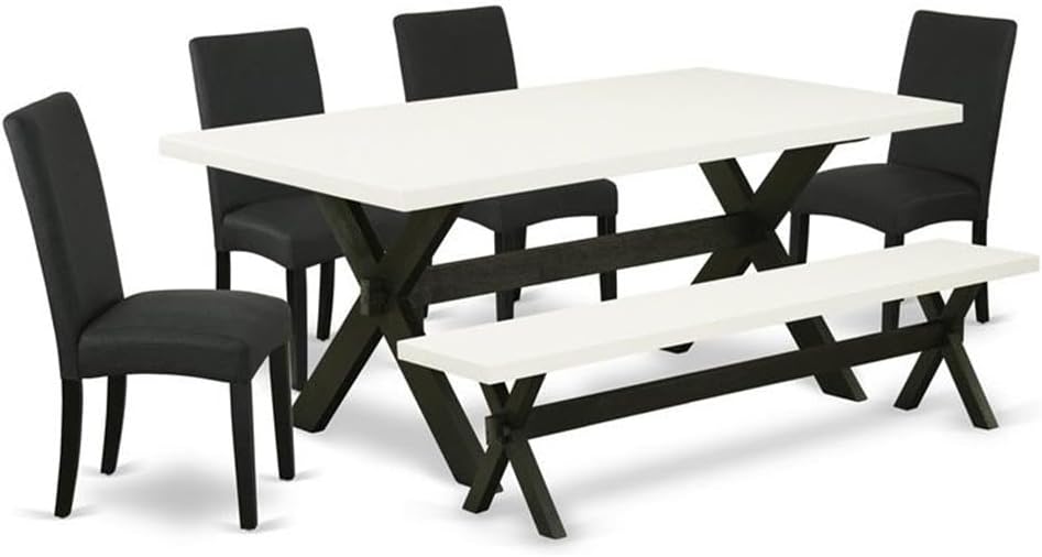 East West Furniture X627DR124-6 6 Piece Dining Table Set Contains a Rectangle Wooden Table with X-Legs and 4 Black Color Linen Fabric Parson Chairs with a Bench, 40x72 Inch, Multi-Color