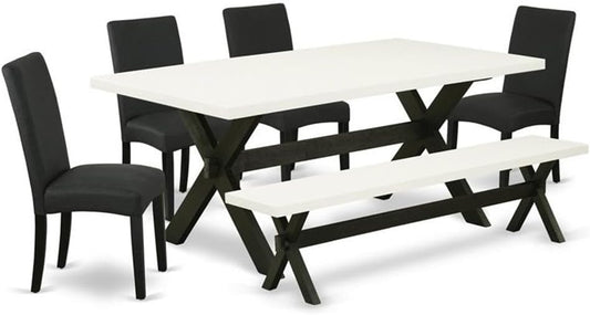 East West Furniture X627DR124-6 6 Piece Dining Table Set Contains a Rectangle Wooden Table with X-Legs and 4 Black Color Linen Fabric Parson Chairs with a Bench, 40x72 Inch, Multi-Color