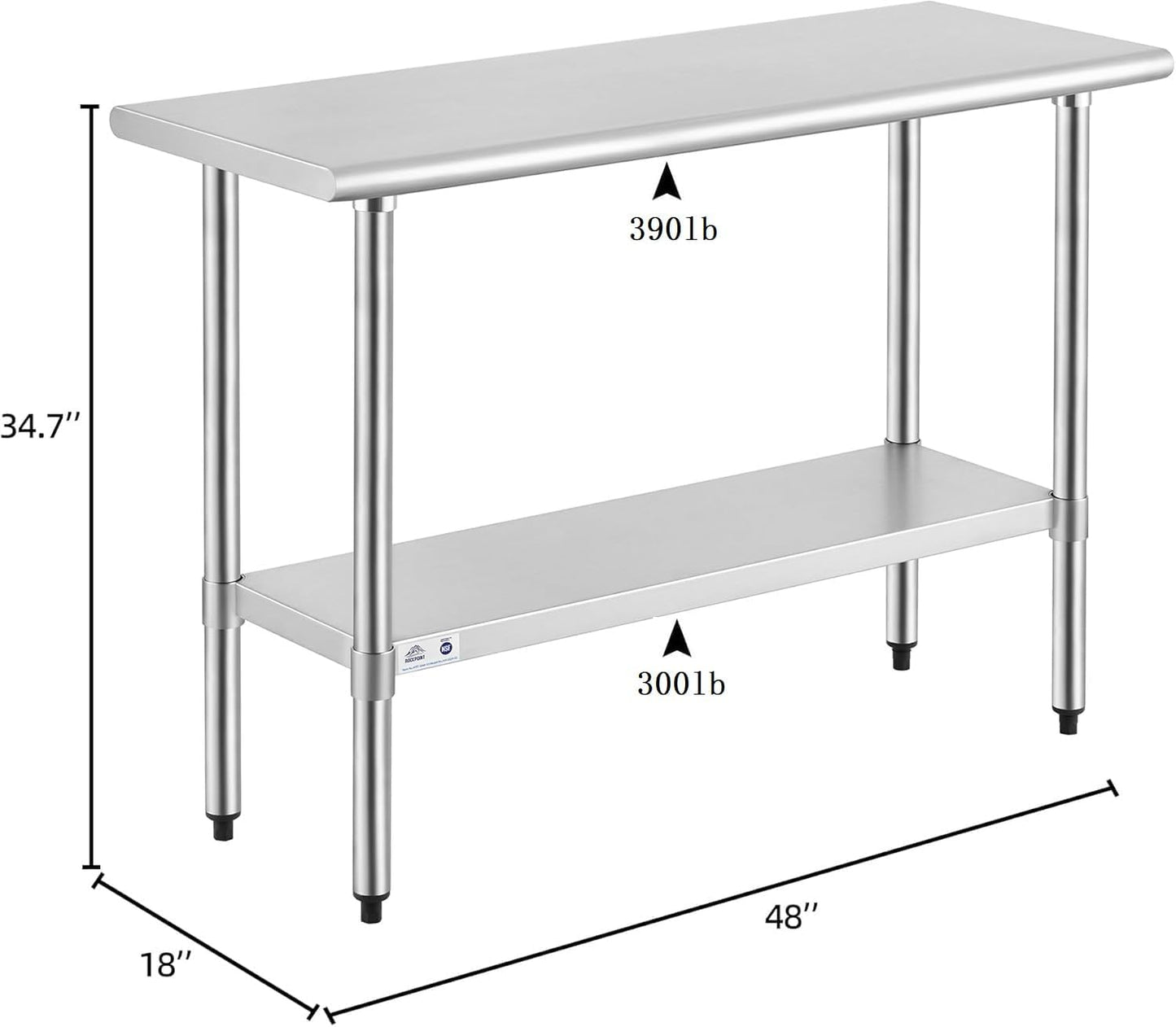 ROCKPOINT Stainless Steel Table for Prep & Work 18x48 Inches, NSF Metal Commercial Kitchen Heavy Duty Table with Adjustable Under Shelf and Table Foot for Restaurant, Home and Hotel