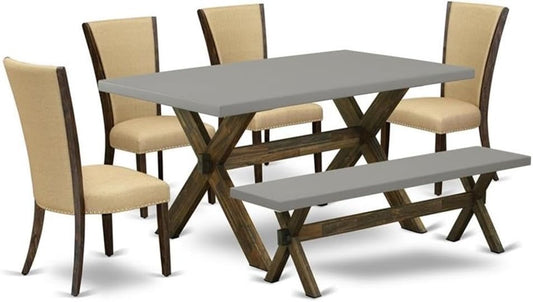 East West Furniture X797VE703-6 6 Piece Dining Set Contains a Rectangle Dining Room Table with X-Legs and 4 Brown Linen Fabric Parson Chairs with a Bench, 40x72 Inch, Multi-Color