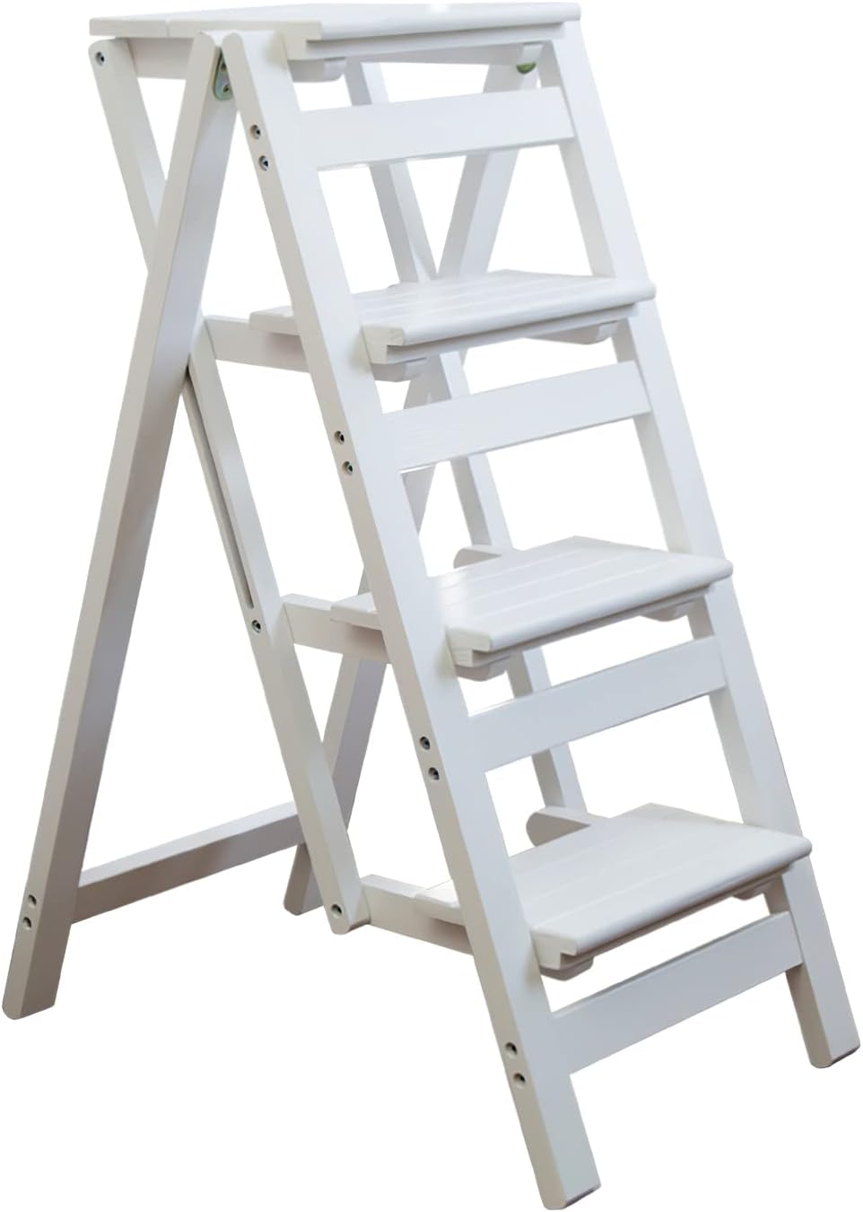 Step Stool for Adults/Step Ladder/Counter Chair, 4-Step Folding Portable Wooden Step Stool, Anti-Slip & Lightweight (White)