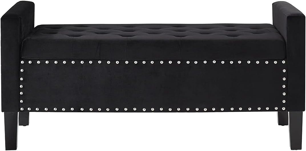 24KF Velvet Modern Upholstered Tufted Button Storage Bench with Arms for Bedroom,Entryway Living Room Soft Padded Seat-Black
