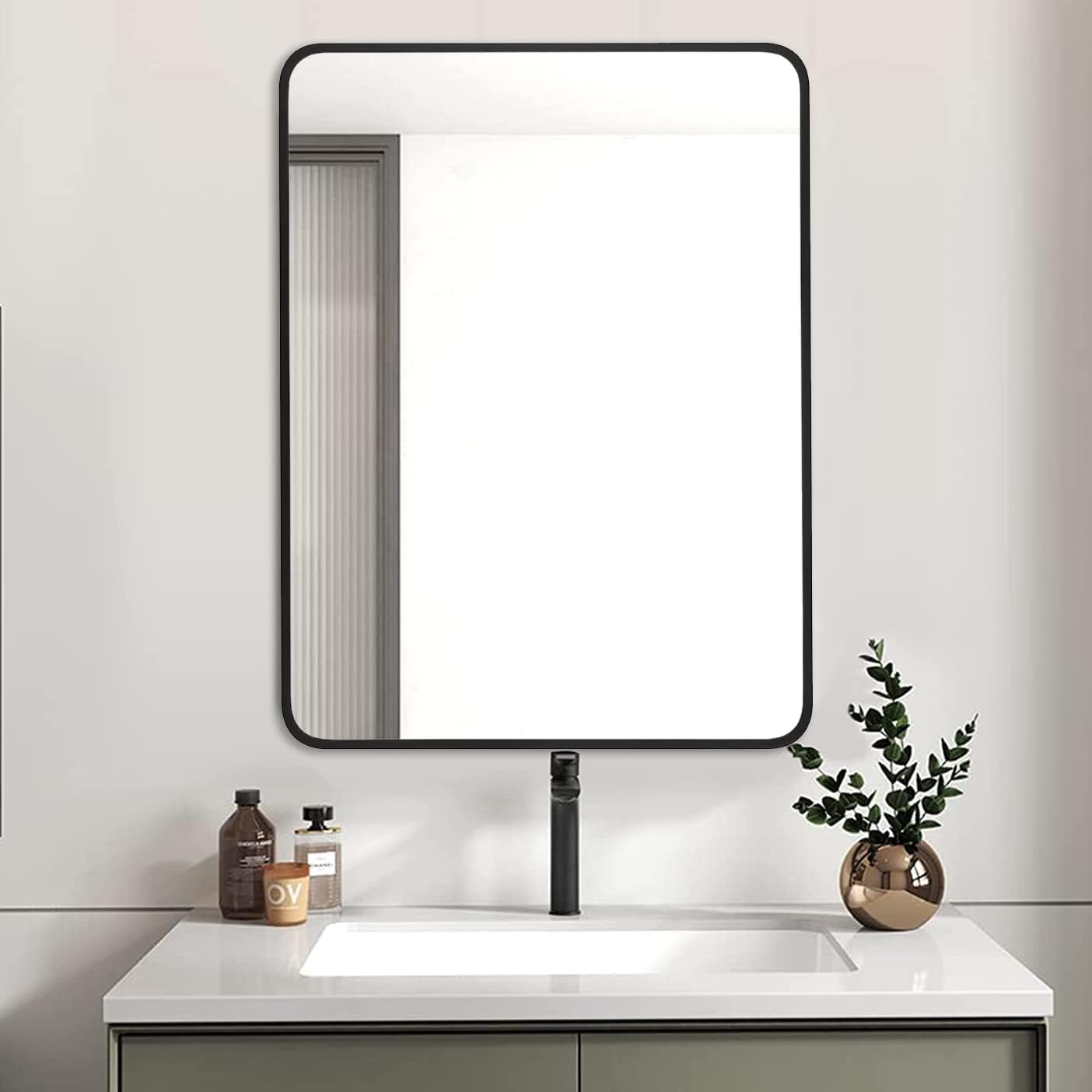 24"x32" Bathroom Wall Mirror with Matte Black Metal Frame & HD Glass, Copper-Free Mirrors Modern Rectangle Round Corner Framed Vanity Mirror - Horizontal or Vertical Installation