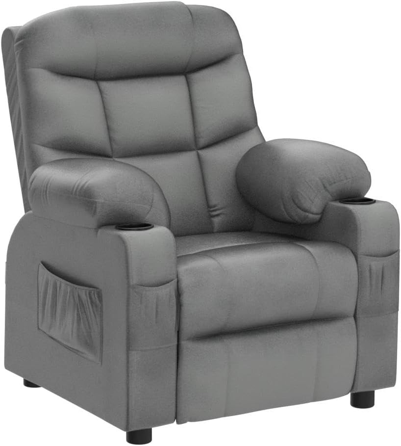 Costzon Kids Recliner Chair with Cup Holder, Adjustable Velvet Lounge Chair w/Footrest & Side Pockets for Children Boys Girls Room, Ergonomic Toddler Furniture Sofa Gifts, Kids Recliner (Gray)