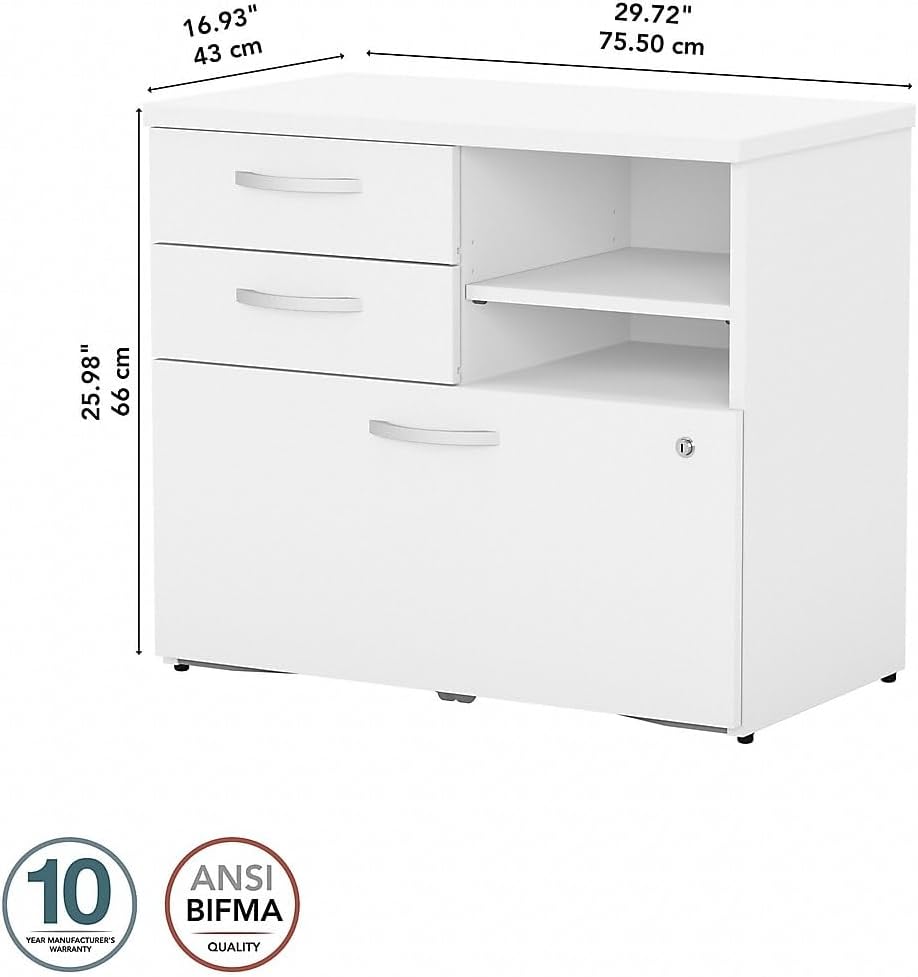 Bush Business Furniture Studio C Office Storage Cabinet with Drawers and Shelves in White, Organization for Home or Professional Workspace