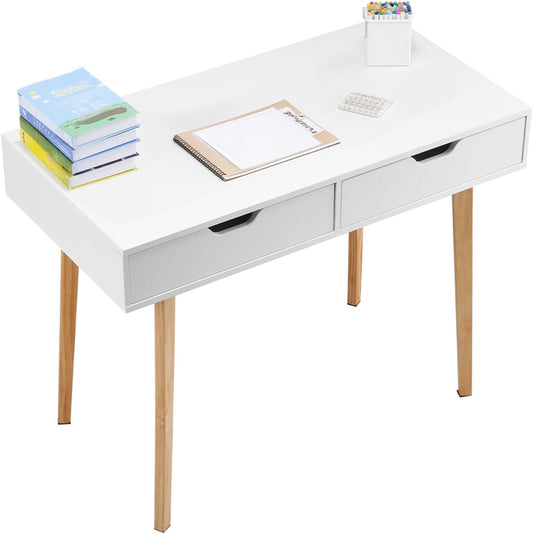 VEVOR Small Desk with Drawers, Kids Desk for Bedroom, Wooden Simple Study Table for Drawing, Reading, Writing, Rectangle MDF Furniture Study Storage Table for Home, Office, White + Wood