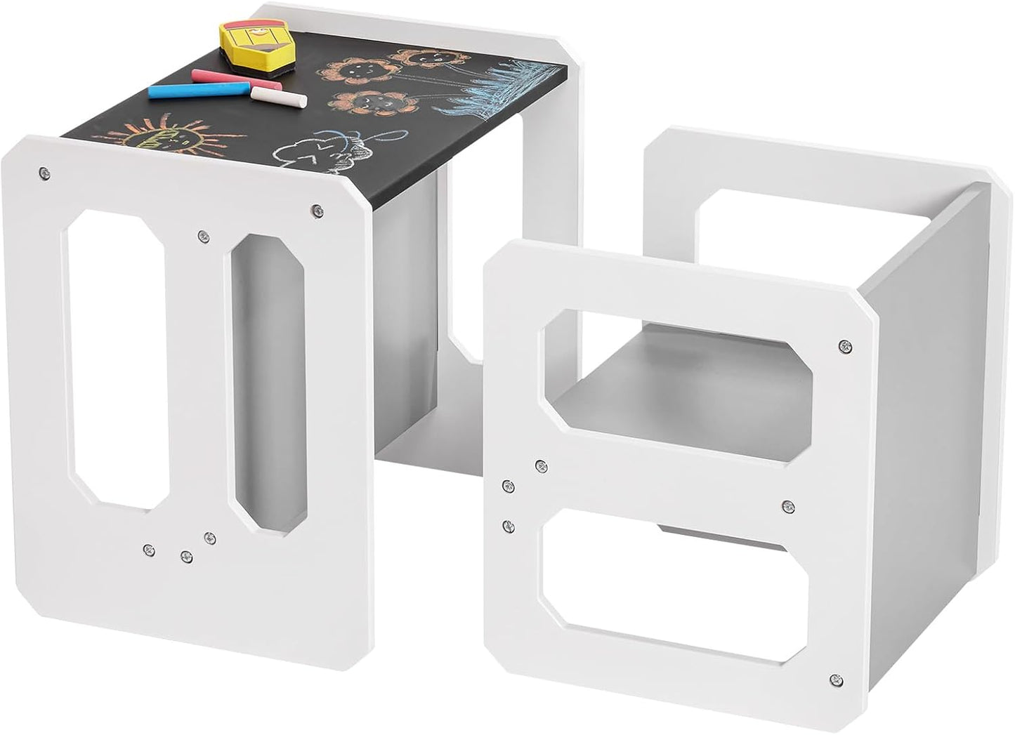 Kids Table and Chair Set, 3-in-1 Wooden Children's Furniture with Blackboard, Water Resistant, Easy to Clean,Toddler Weaning Table for Bedroom, Playroom, Living Room (Grey and Black)