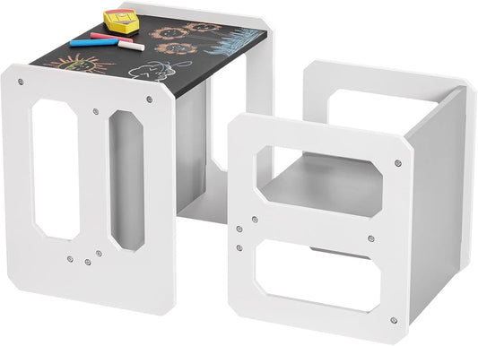 Kids Table and Chair Set, 3-in-1 Wooden Children's Furniture with Blackboard, Water Resistant, Easy to Clean,Toddler Weaning Table for Bedroom, Playroom, Living Room (Grey and Black)