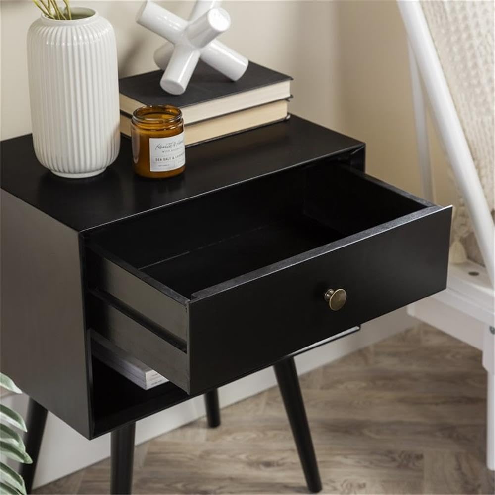 Walker Edison Ella Mid Century Modern 1 Drawer Solid Wood Nightstand, 1 Pack, Black