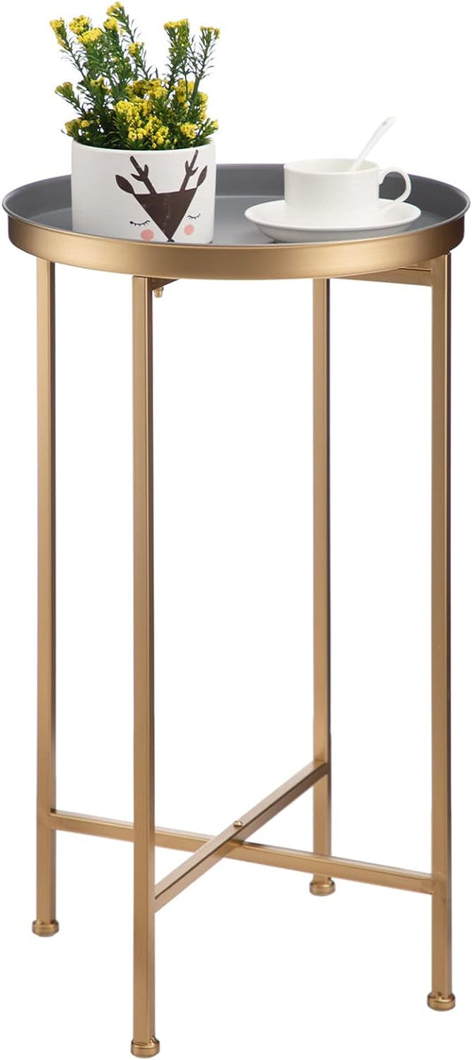 HollyHOME Small Round Metal Waterproof End Table, Accent Indoor&Outdoor Coffee Side Table, Snack Sofa Table for Living Room, Anti-Rust Decorative Plant Stand, (D) 14.5" x (H) 25", Gold/Grey