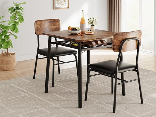 IDEALHOUSE 3-Piece Dining Table Set for 2 with Storage Rack, Wood Kitchen Table with Upholstered Chairs Set of 2, Small Square Table Set with Metal Legs Support, for Dining Room,Living Room