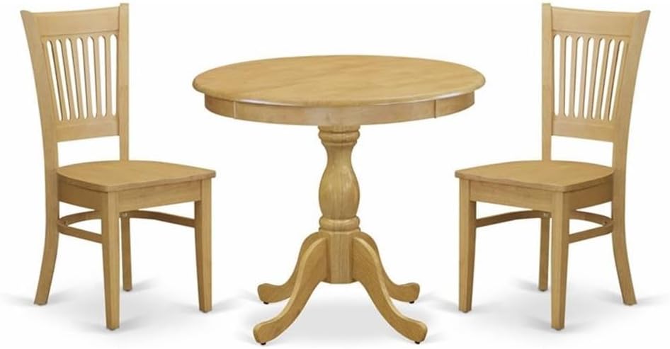 East West Furniture AMVA3-OAK-W 3 Piece Modern Dining Table Set Contains a Round Kitchen Table with Pedestal and 2 Dining Chairs, 36x36 Inch, Oak