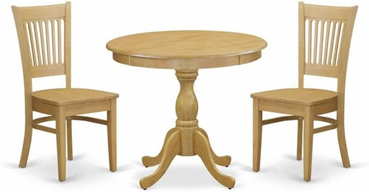 East West Furniture AMVA3-OAK-W 3 Piece Modern Dining Table Set Contains a Round Kitchen Table with Pedestal and 2 Dining Chairs, 36x36 Inch, Oak