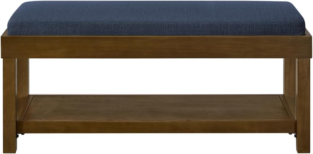 24KF Large Rectangular Storage Bench,Upholstered Seat Cushion,Ottoman Coffee Table with Navy Blue Removable Cushion for Living Room,Entryway Bench Bed Bench with Solid Wood Shelf,5069-Navy Blue