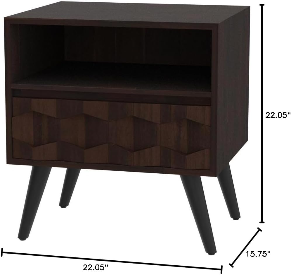 Bme Georgina Solid Wood Nightstand With 1 Drawer & Open Shelf- Fully Assembled Mid Century Modern Side Table - Geometric Pattern Bedside Dresser for Bedroom and Living Room