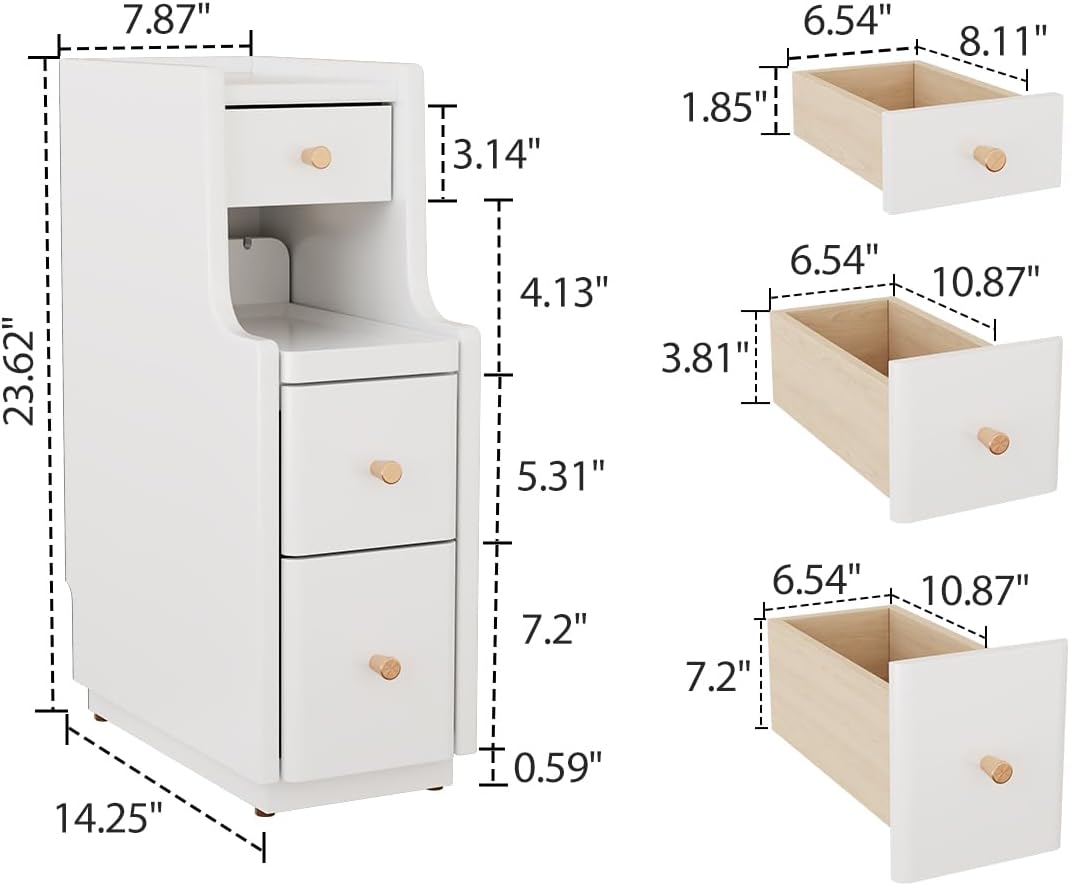 Narrow Nightstand with 3 Drawers,Solid Wood Small Nightstand White, Modern Small Bedside Tables for Bedroom(Fully Assembly)