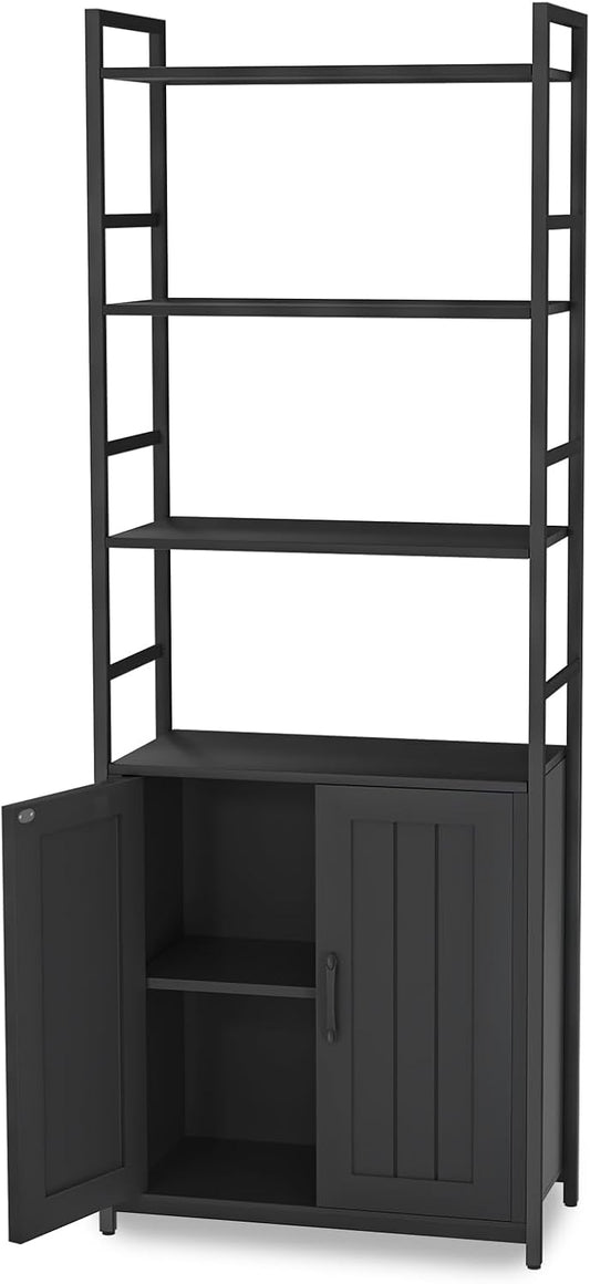 Black Bookshelf with Doors,70" Tall Bookcase with Storage Cabinet,6 Tier Book Shelf for Living Room/Bedroom/Office/Kitchen,70"(H)*26"(L)*11.8"(W)