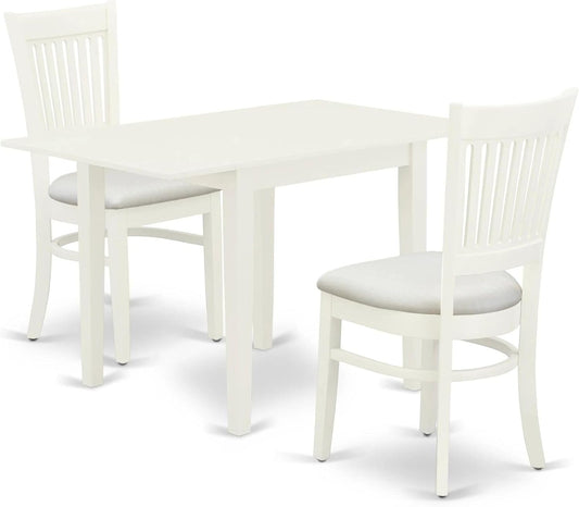 East West Furniture NDVA3-LWH-C 3 Piece Kitchen Table & Chairs Set Contains a Rectangle Dining Room Table with Dropleaf and 2 Linen Fabric Upholstered Chairs, 30x48 Inch, Linen White
