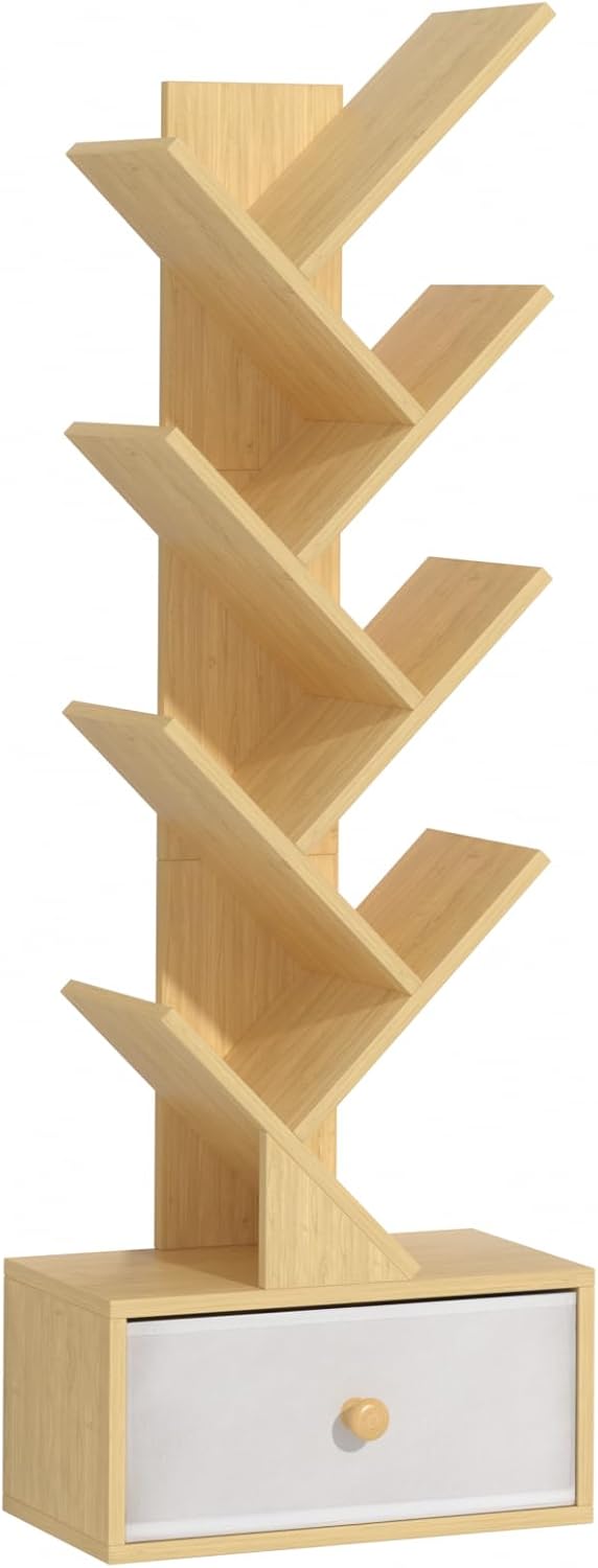 8 Tier Tree Bookshelf with Drawer, Free Standing Wood Bookcase for Narrow Space, Storage Organizer Bookshelves for Books, Book Case for Home Office, Living Room, Bedroom - Natural